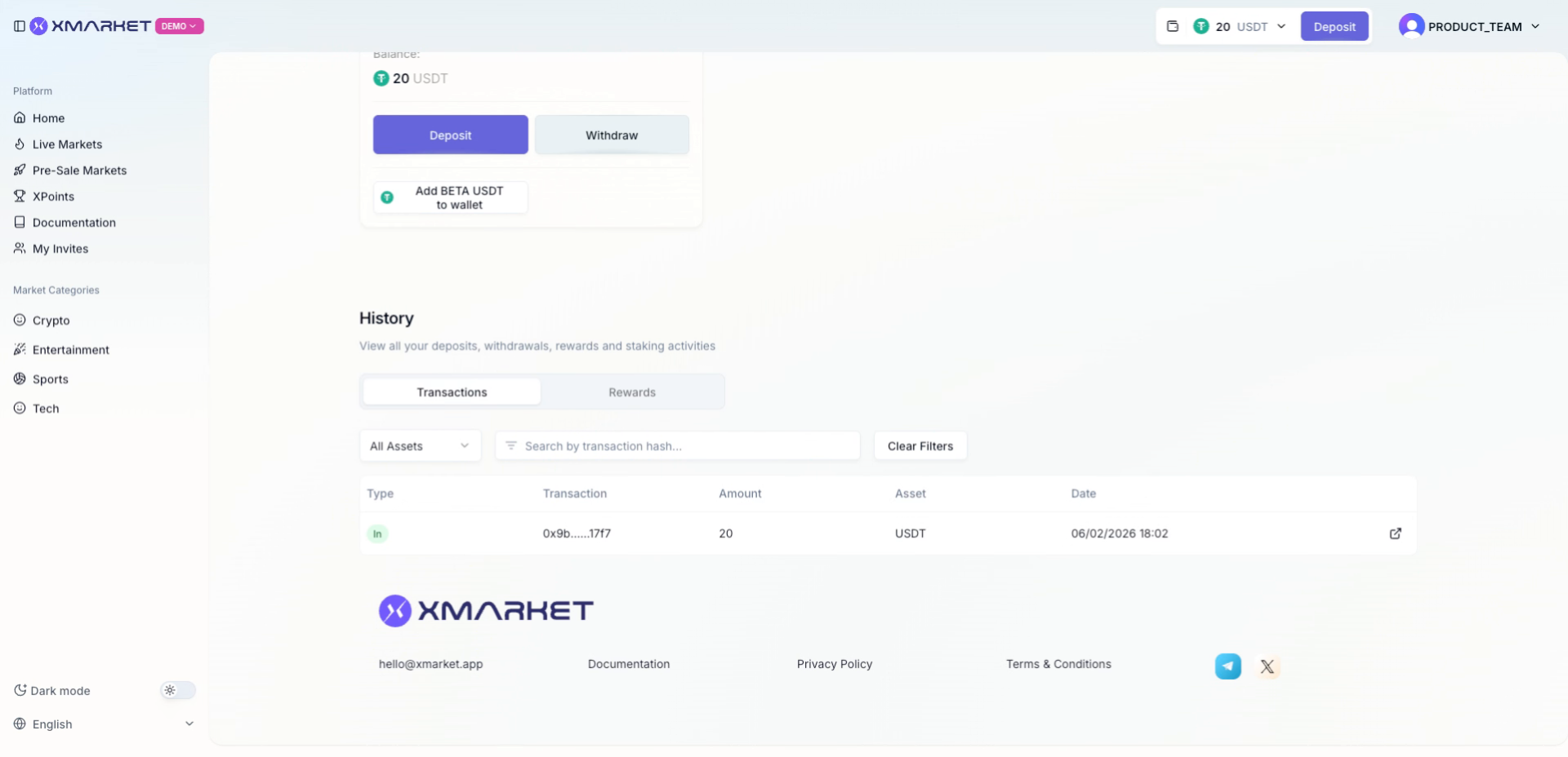 Deposit confirmation in Activity section